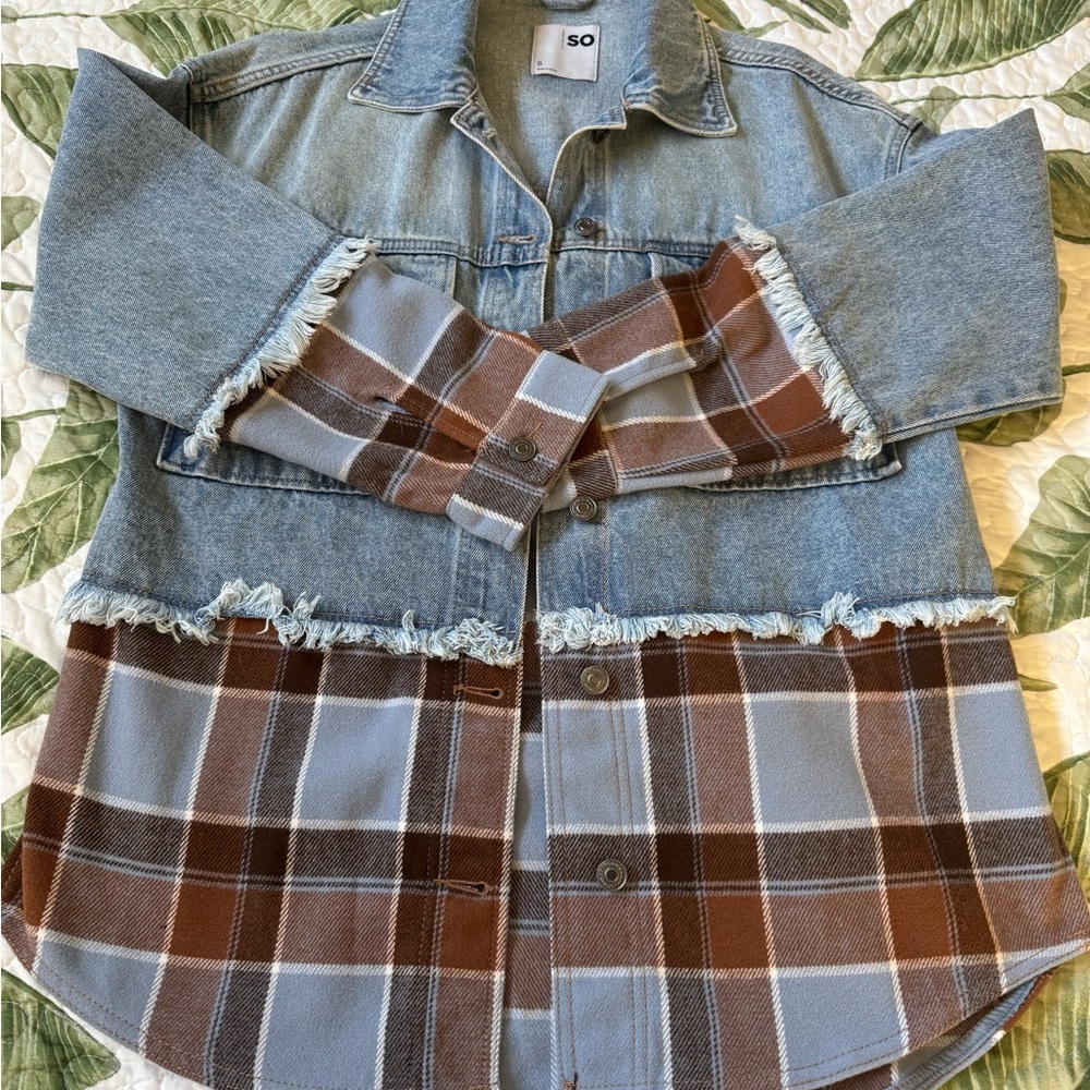 SO Blue Denim and Brown Plaid Jacket